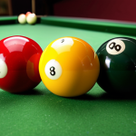 **

"Close-up of three-cushion billiards balls (white, yellow, red) on a green felt table, highlighting their smooth surface and vibrant colors, depth of field, sharp focus, professional billiards photography."

**