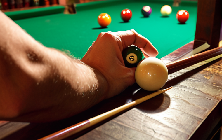 A vibrant, slightly hazy image inside a Spanish "bar" (bar de tapas). The focus is on a close-up of a billiards table, showcasing a player's hands carefully chalking a cue. Soft, warm light highlights the green felt and the polished cue ball. In the background, slightly out of focus, are patrons enjoying "tapas" and drinks, creating a lively yet relaxed atmosphere. The scene evokes the passion and community of billiards in a casual setting.