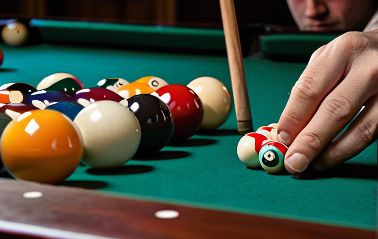 **Image Prompt:** A close-up of a billiards player meticulously chalking their cue, with a focus on the texture of the chalk and the concentration on the player's face. In the background, a slightly blurred billiards table with balls and cues. The lighting should be dramatic, highlighting the details of the chalking process.