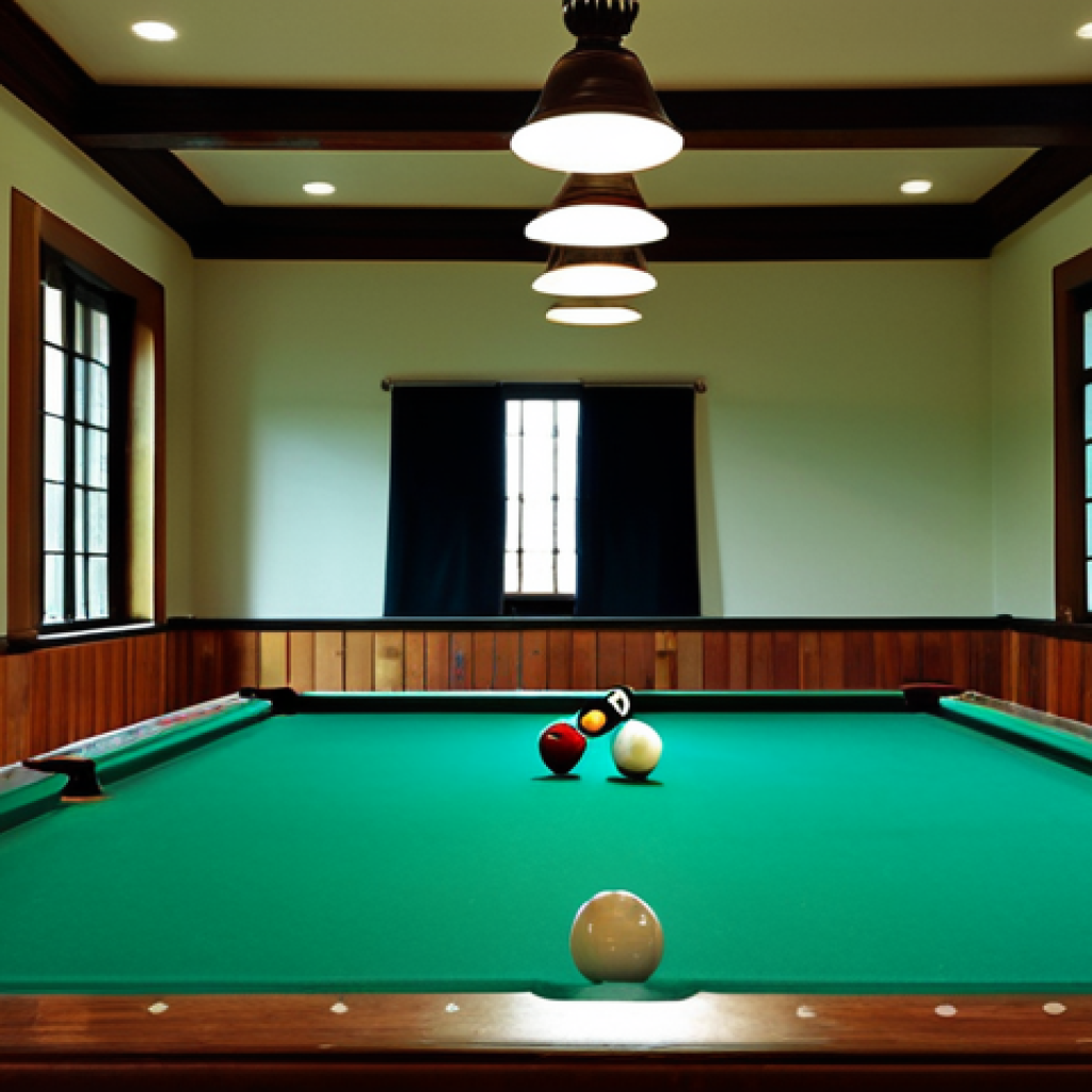 A well-maintained billiard table**
"A close-up shot of a pristine billiard table in a brightly lit Spanish-style game room. The cloth is a deep green, perfectly smooth with no blemishes. Billiard balls are neatly racked at one end. A cue rests gently on the side. Safe for work, appropriate content, fully clothed environment, professional billiards setting, correct proportions, natural lighting, high quality image showcasing the beauty of a well-cared for mesa de billar. Focus on the quality of the paño."
**