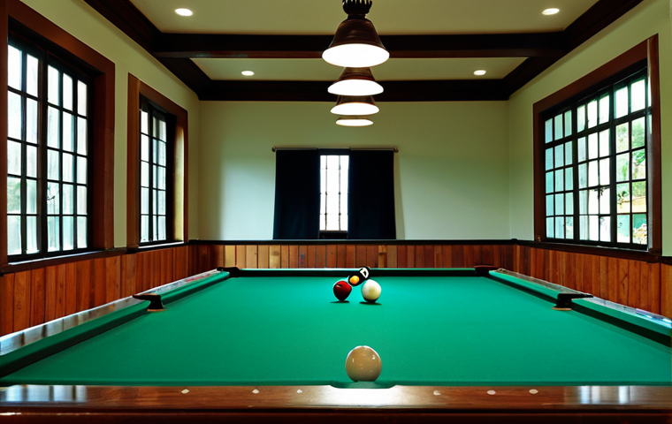 A well-maintained billiard table**
"A close-up shot of a pristine billiard table in a brightly lit Spanish-style game room. The cloth is a deep green, perfectly smooth with no blemishes. Billiard balls are neatly racked at one end. A cue rests gently on the side. Safe for work, appropriate content, fully clothed environment, professional billiards setting, correct proportions, natural lighting, high quality image showcasing the beauty of a well-cared for mesa de billar. Focus on the quality of the paño."
**