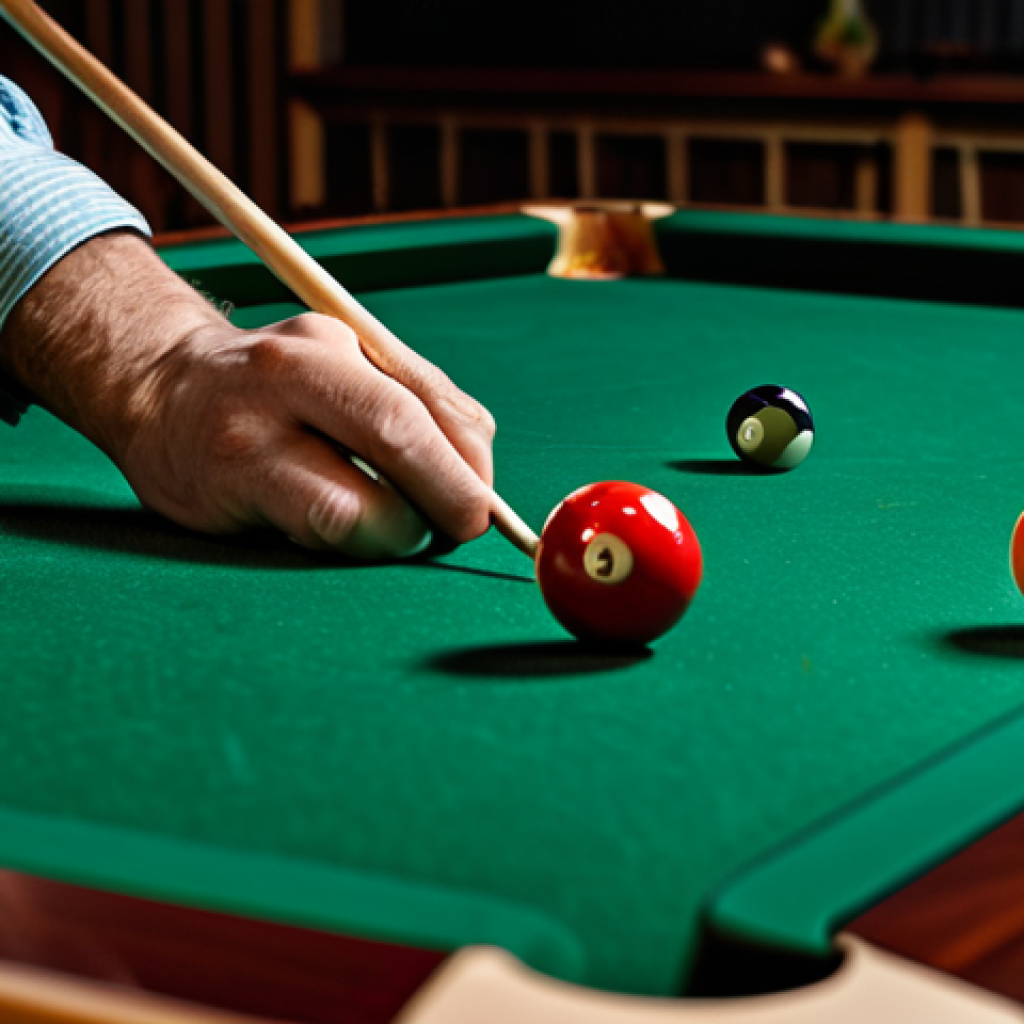 **Billiards player meticulously setting up a hand bridge on a green felt pool table, showcasing proper finger placement and stability, cue stick aligned, focused expression, warm lighting, professional billiards setting, safe for work, appropriate content, fully clothed, professional.**