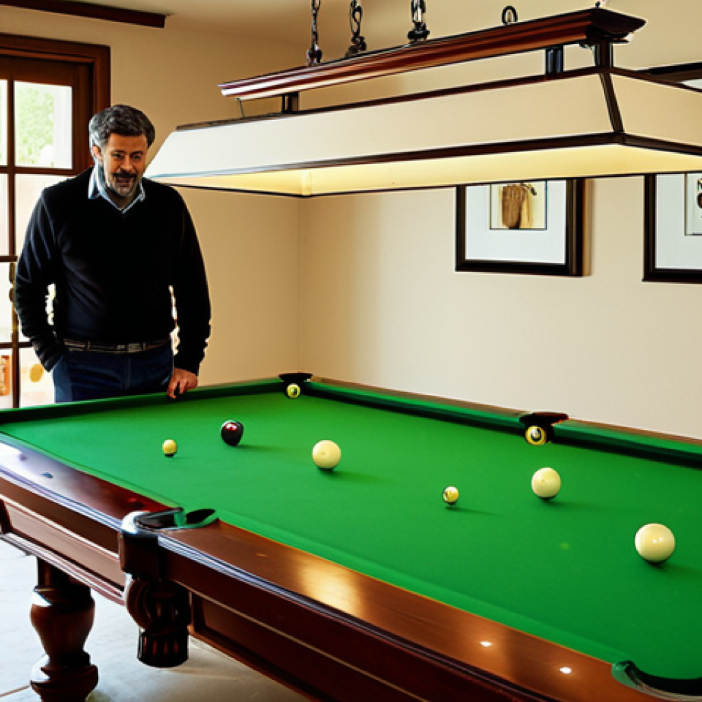 당구 테이블 설치 비용 - Billiard Room Scene**

"A well-lit billiard room in a modern Spanish home. A classic wooden billiard...