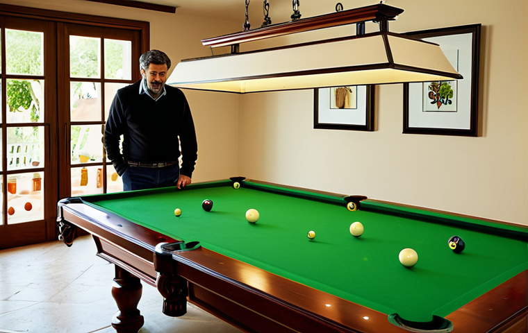 당구 테이블 설치 비용 - Billiard Room Scene**

"A well-lit billiard room in a modern Spanish home. A classic wooden billiard...