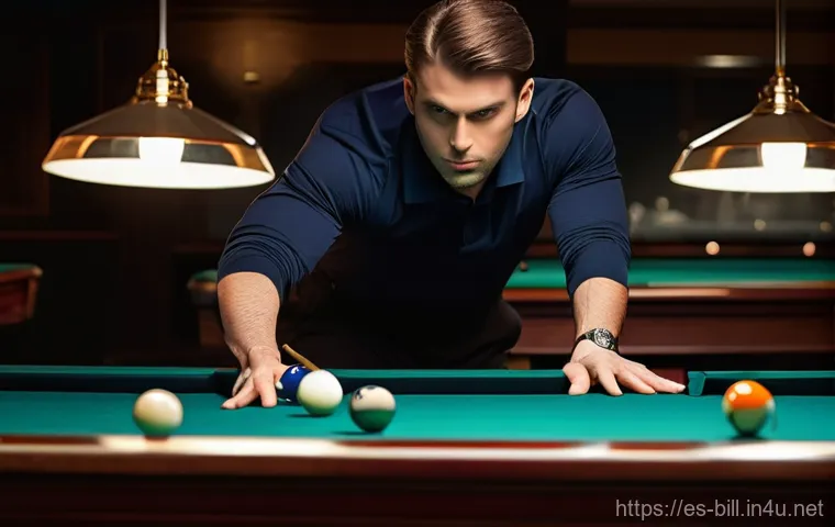 당구 라샤 색상 선택 팁 - **Prompt:** A focused professional male billiard player, in his early 30s, wearing a sleek, dark-col...