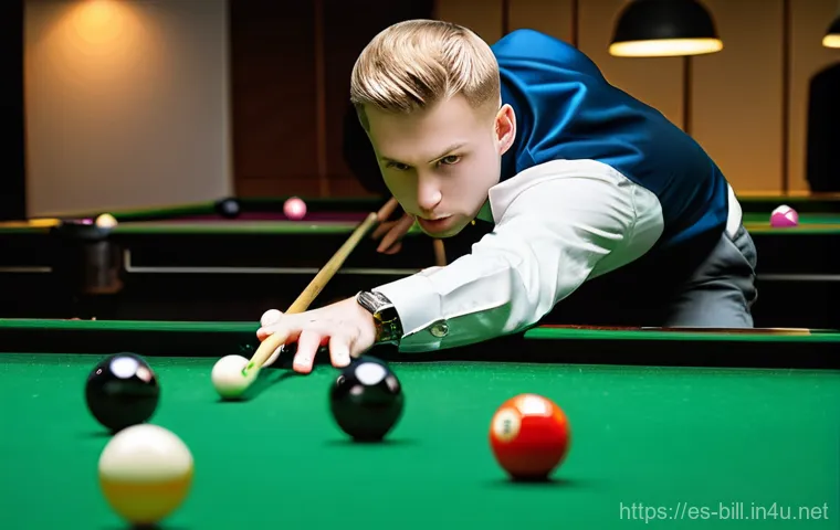 당구 키스샷 연습법 - **Prompt 2: Visualizing the Complex Rebound**
    "A female billiards player, wearing a stylish yet ...