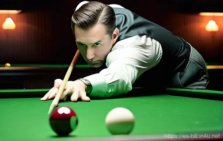 당구 뱅크샷 성공률 높이기 - **Prompt: "A professional male billiards player, late 30s, with intense focus, is crouched over a pr...
