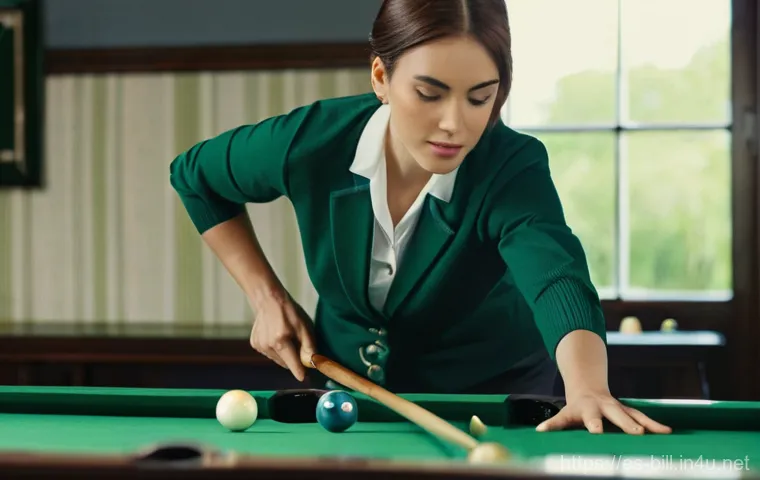 당구 뱅크샷 성공률 높이기 - **Prompt: "A dynamic, high-action shot of a cue ball after it has just impacted a billiards cushion ...