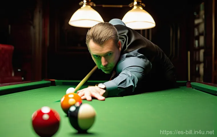 3구 당구 공 규격 - **Prompt:** A focused, professional male billiards player, in his late 30s, wearing a crisp polo shi...