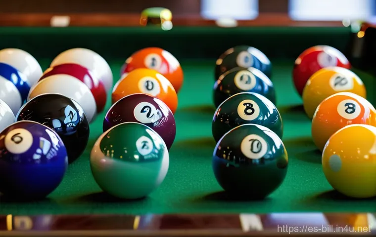3구 당구 공 규격 - **Prompt:** A macro, hyperrealistic shot of several highly polished Aramith-style billiards balls (o...