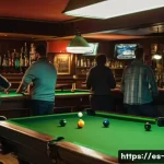 당구 행사 이벤트 - A vibrant billiards tournament scene inside a cozy, well-lit local bar in Spain, featuring diverse p...