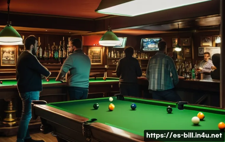 당구 행사 이벤트 - A vibrant billiards tournament scene inside a cozy, well-lit local bar in Spain, featuring diverse p...