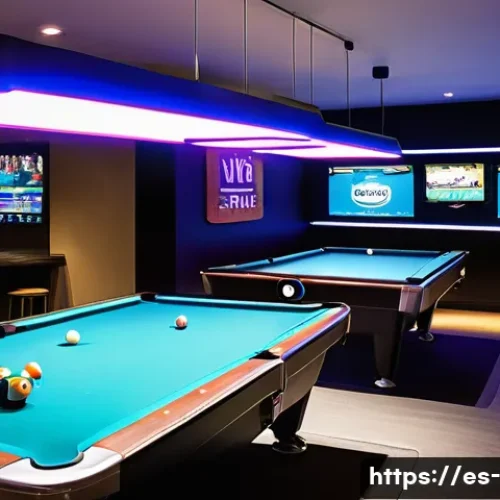 인천 당구장 추천 - A modern billiard hall interior featuring advanced electronic pool tables with digital score display...
