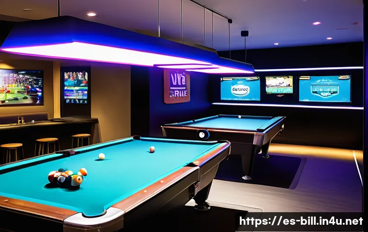 인천 당구장 추천 - A modern billiard hall interior featuring advanced electronic pool tables with digital score display...