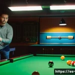 당구 경기 규칙 오해 - A detailed scene inside a vibrant billiard hall popular among Spanish-speaking players, featuring tw...