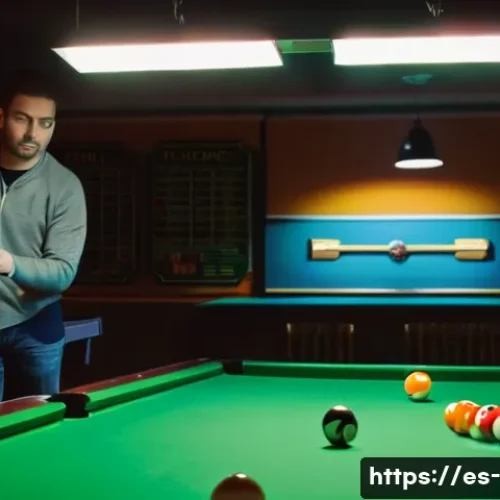 당구 경기 규칙 오해 - A detailed scene inside a vibrant billiard hall popular among Spanish-speaking players, featuring tw...