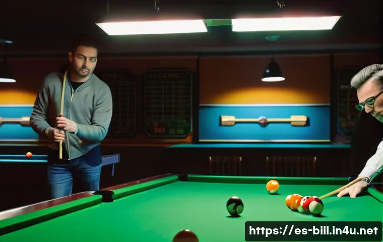 당구 경기 규칙 오해 - A detailed scene inside a vibrant billiard hall popular among Spanish-speaking players, featuring tw...