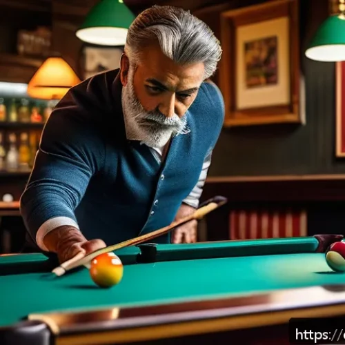 당구 입문자를 위한 체크리스트 - A beginner billiards player practicing at a classic American pool table in a cozy Spanish bar settin...