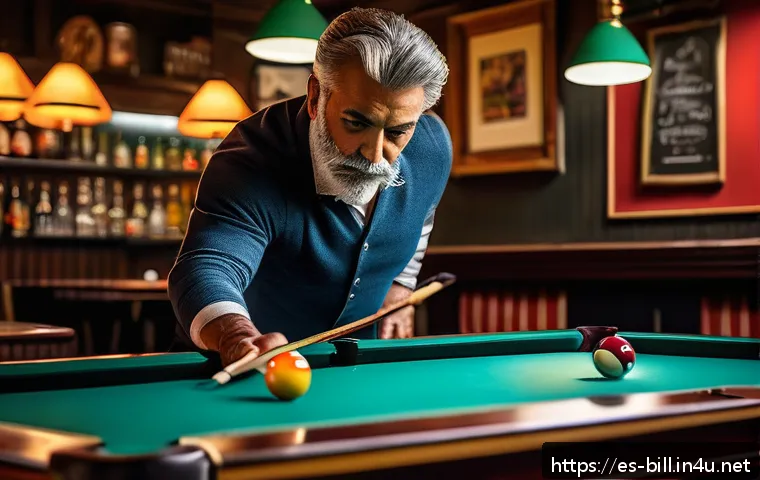 당구 입문자를 위한 체크리스트 - A beginner billiards player practicing at a classic American pool table in a cozy Spanish bar settin...