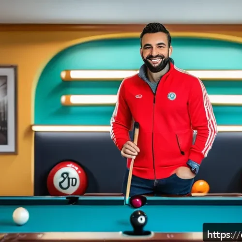 당구 스폰서쉽 제안 방법 - A confident, professional billiards player in casual sportswear, standing next to a pool table in a ...