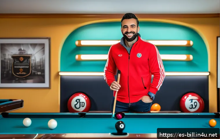 당구 스폰서쉽 제안 방법 - A confident, professional billiards player in casual sportswear, standing next to a pool table in a ...
