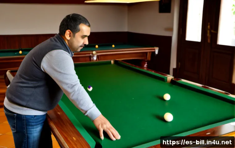 당구 치는 법 기초 - Photorealistic beginner billiards lesson in a warm Spanish social club, an adult player in casual cl...