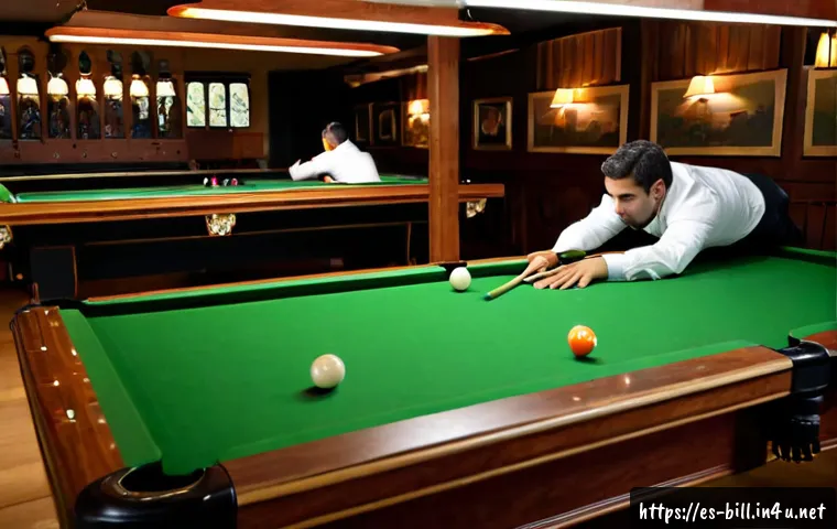당구 라운드별 전략 - Photorealistic Spanish billiards club scene, an experienced player calmly planning an opening-round ...
